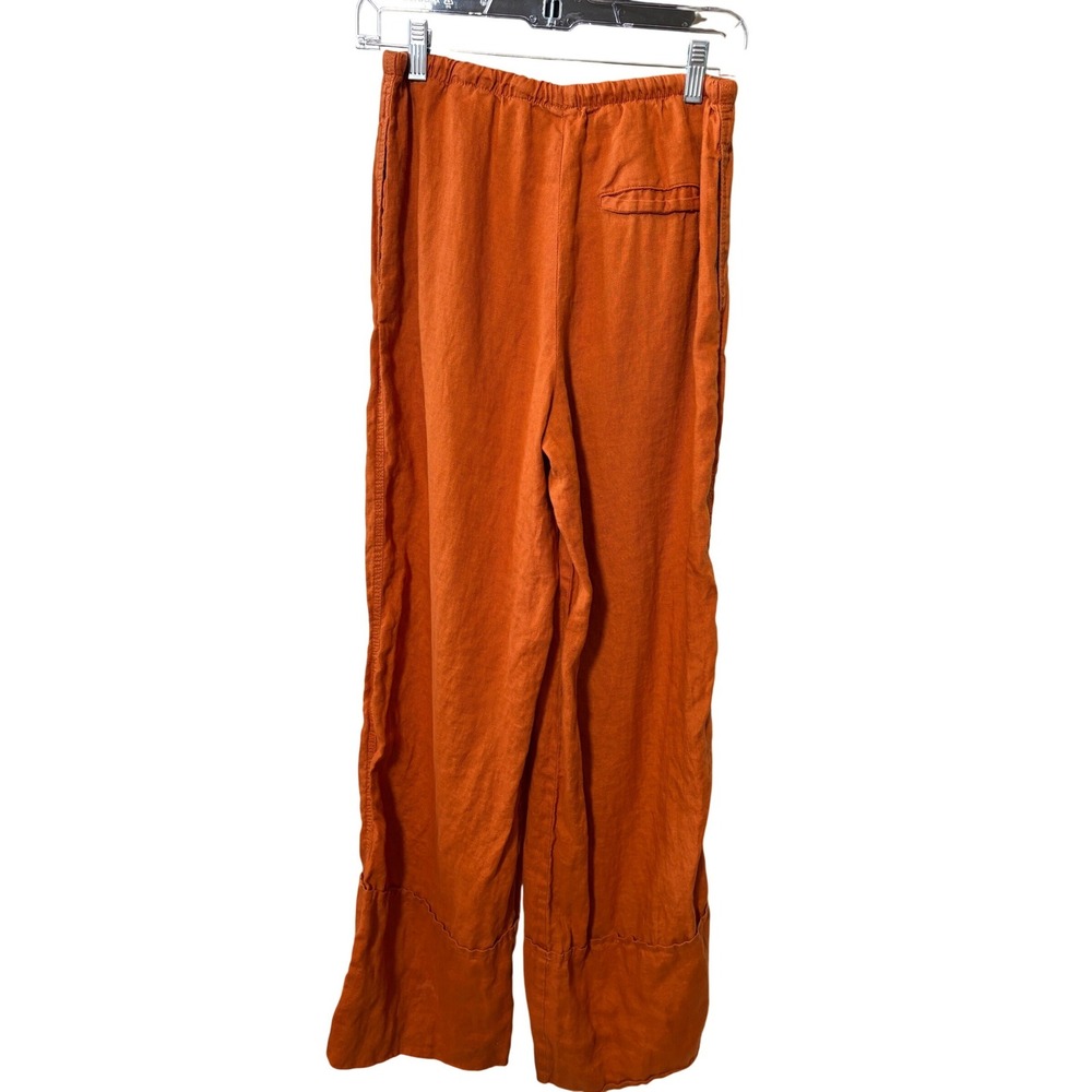 Zara Women Burnt Orange 100% Linen Wide Leg Drawstring Pants Size Small S Boho - Picture 5 of 13